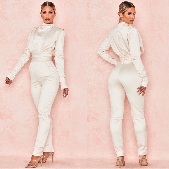 House of CB Gabrielle Ivory Draped Ruched Satin Jumpsuit - Picture 6 of 12